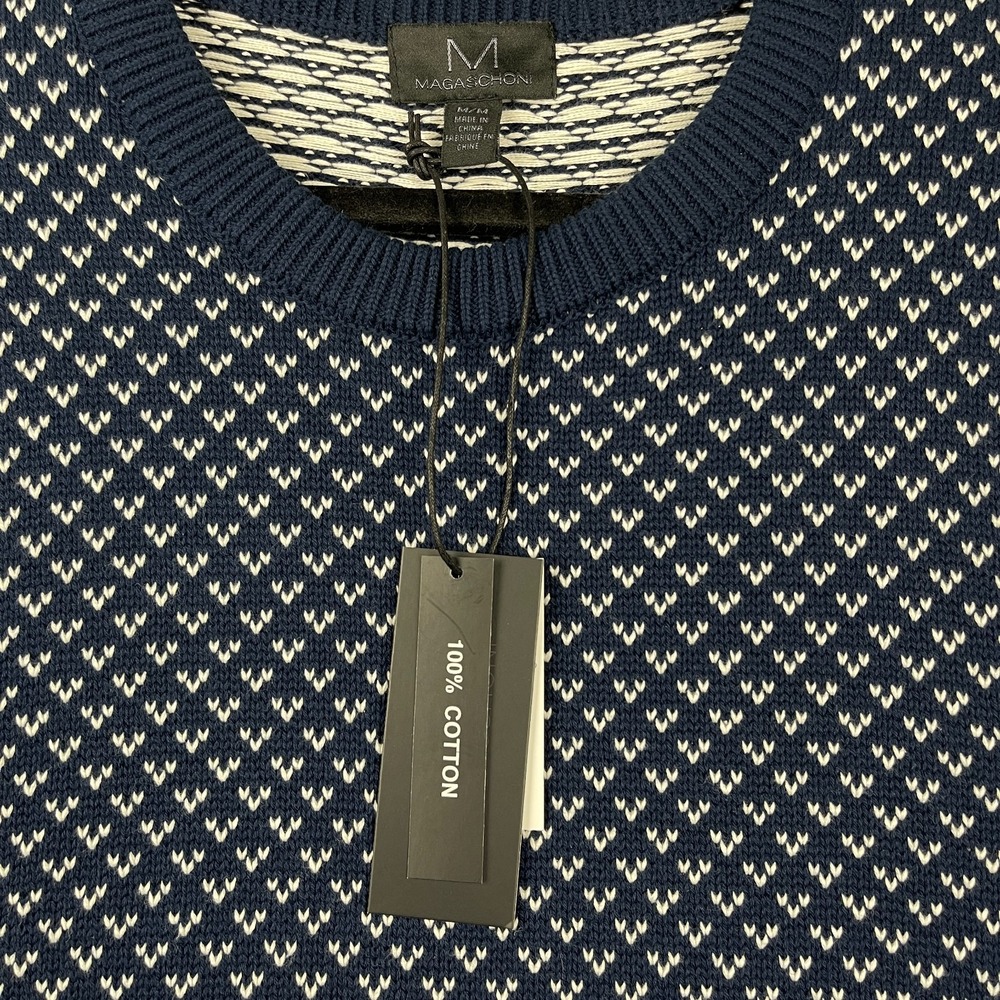 Magaschoni Men's Knit Sweater Medium Navy Blue White Crewneck Cotton Preppy NWT - Picture 3 of 9